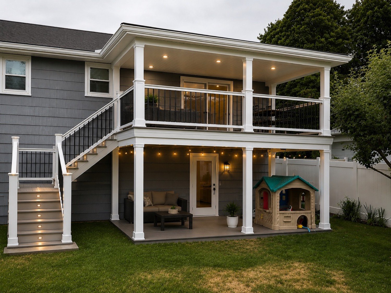 Covered two-level deck with lighting and composite railing