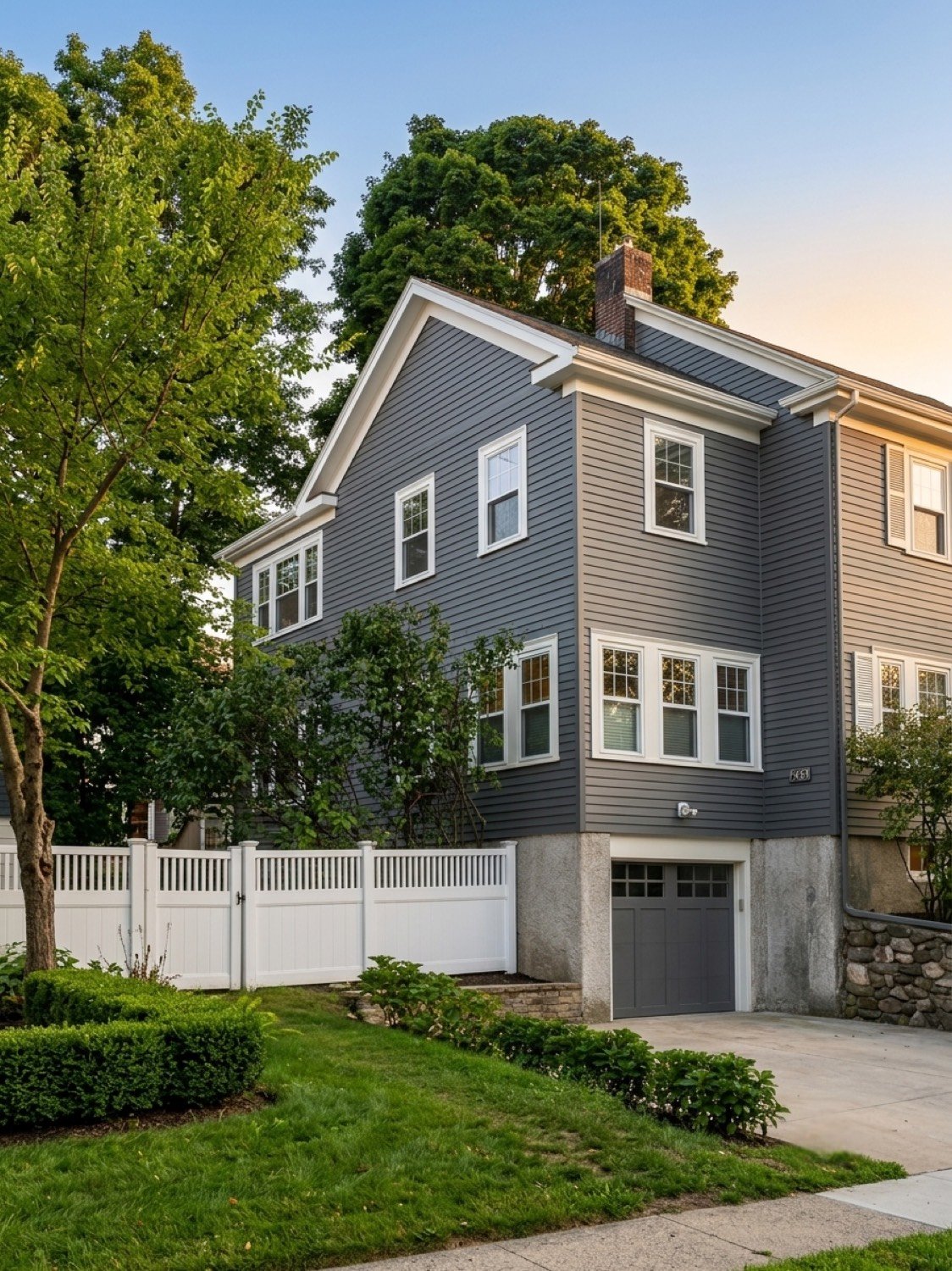 Dark grey clapboard siding on a renovated Boston-area home